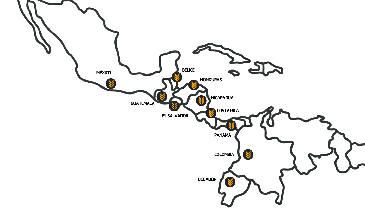 Mapa de presencia de AgtechApps en LATAM: clientes en México, Guatemala, Honduras, Nicaragua, Costa Rica, Panamá, Colombia y Ecuador